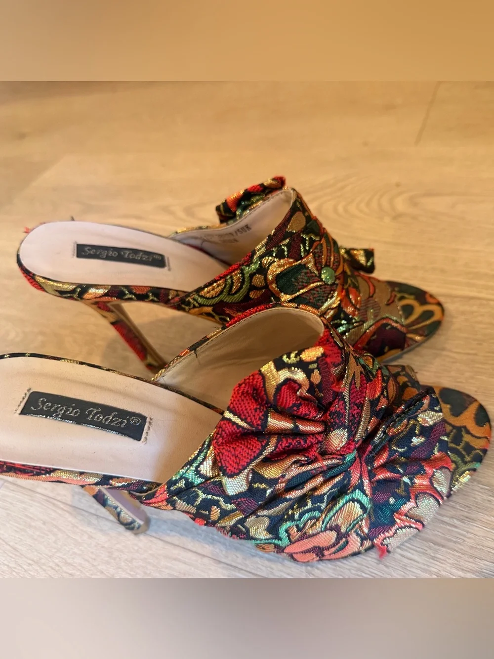 Sergio Todzi Red Floral Brocade open toe Mule Heels